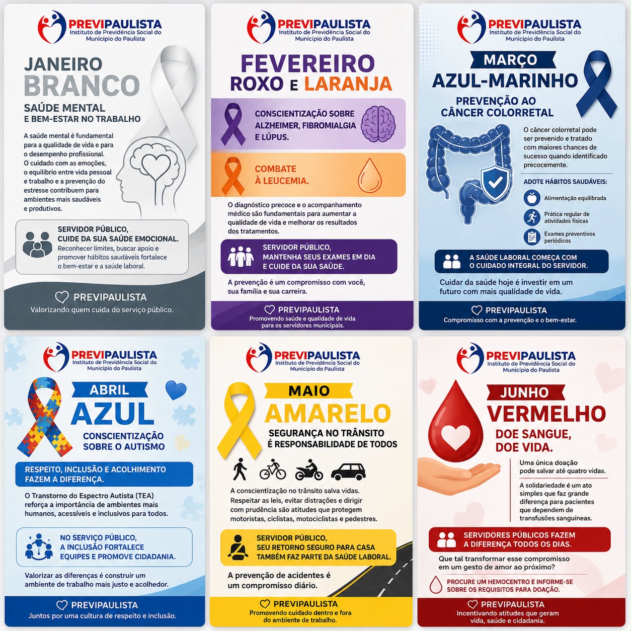 Infográfico das Campanhas das Cores – Janeiro a Junho 2026: Janeiro Branco (Saúde Mental), Fevereiro Roxo e Laranja (Alzheimer, Fibromialgia, Lúpus e Leucemia), Março Azul-Marinho (Câncer Colorretal), Abril Azul (Autismo), Maio Amarelo (Segurança no Trânsito), Junho Vermelho (Doação de Sangue)