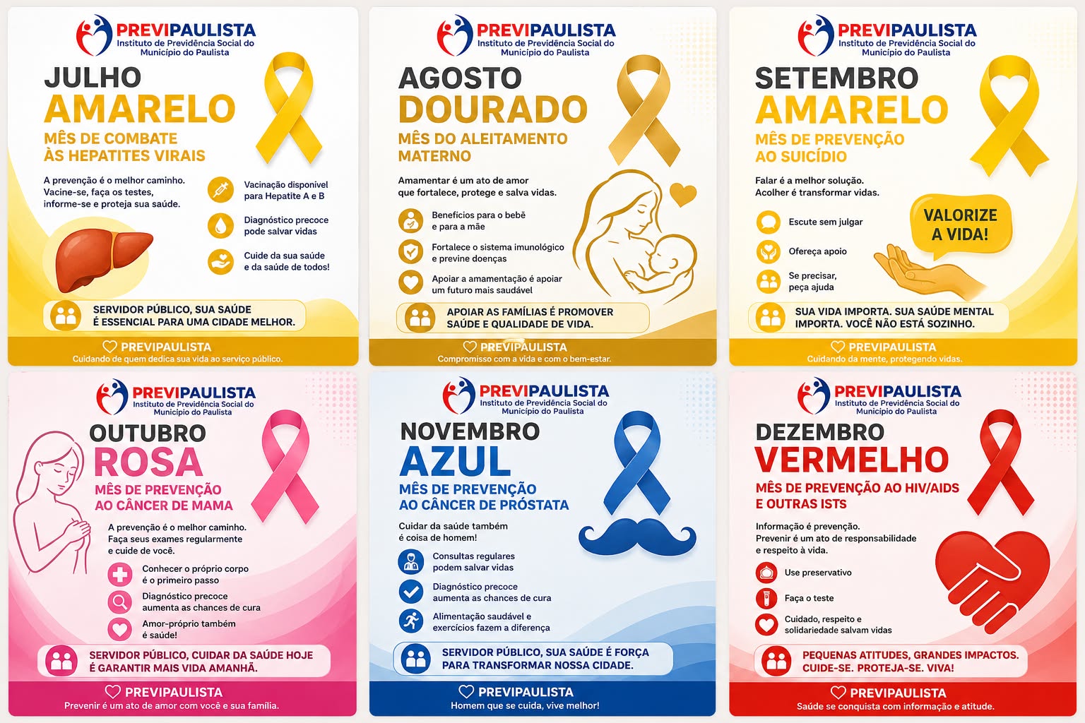 Infográfico das Campanhas das Cores – Julho a Dezembro 2026: Julho Amarelo (Hepatites Virais), Agosto Dourado (Aleitamento Materno), Setembro Amarelo (Prevenção ao Suicídio), Outubro Rosa (Câncer de Mama), Novembro Azul (Câncer de Próstata), Dezembro Vermelho (HIV/AIDS e ISTs)